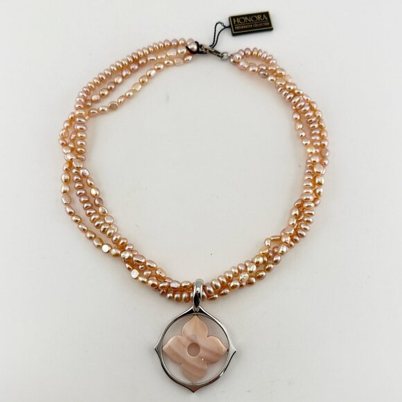 Honora Pearl Necklace Floral Flower Sterling Silver Pink Pendant Triple Strand - Picture 1 of 16